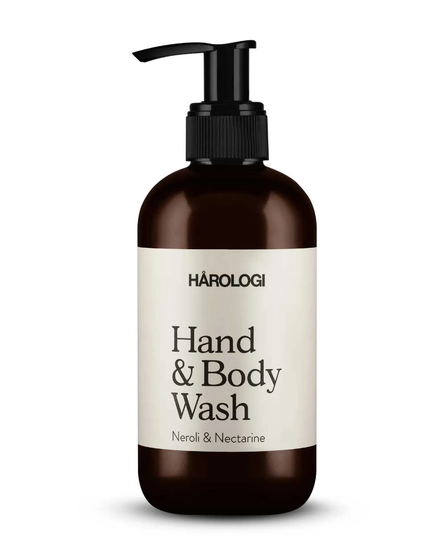 Brun plastflaske med hvit etikette og sort pumpe
Hårologi hand and body wash