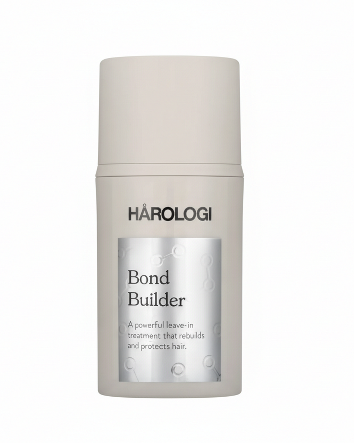 Hårologi Bond builder. En liten plast pumpe, sølvfarget