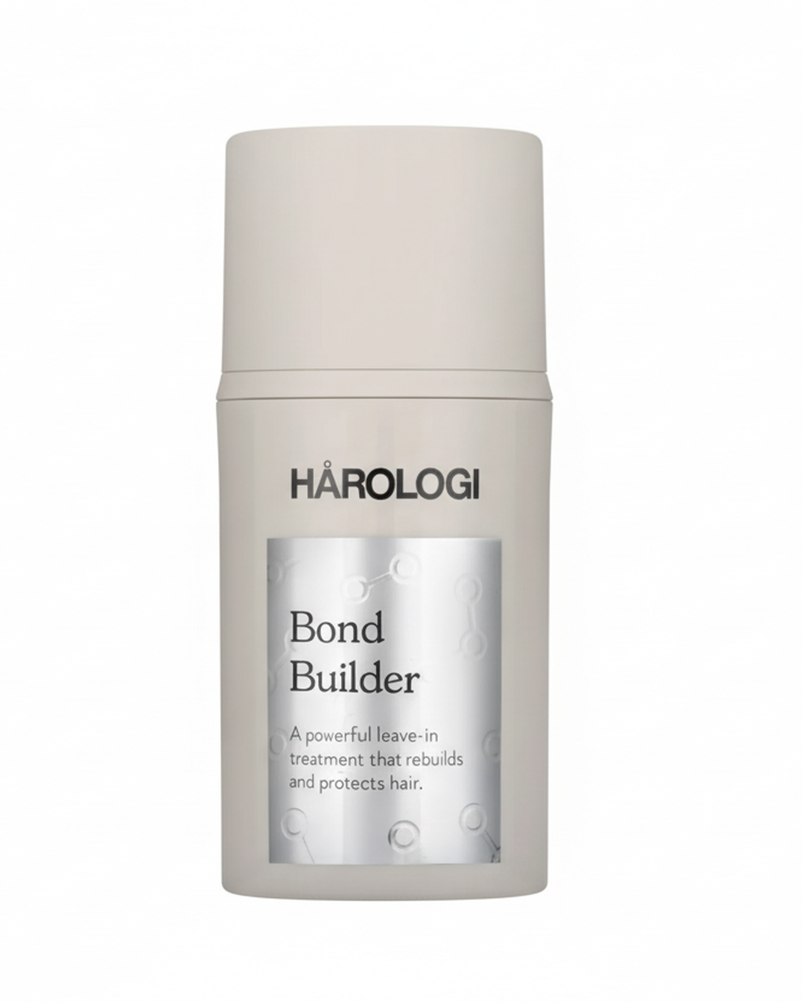 Hårologi Bond builder. En liten plast pumpe, sølvfarget