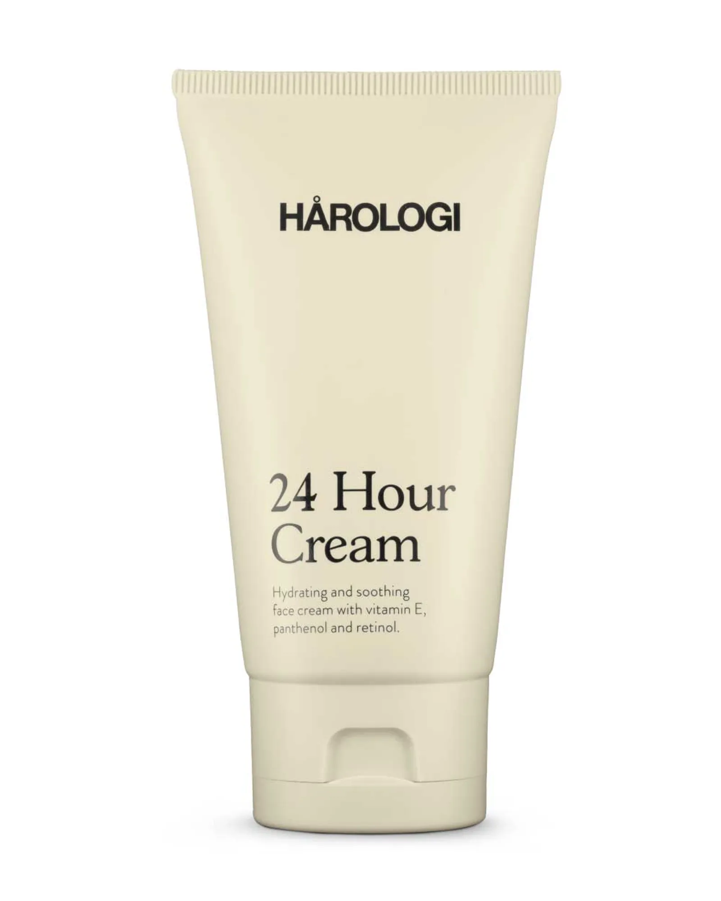 Gul plasttube som klemmer ut produktet. 
HÅROLOGI 24 Hour Cream – Dag- og nattkrem med retinol